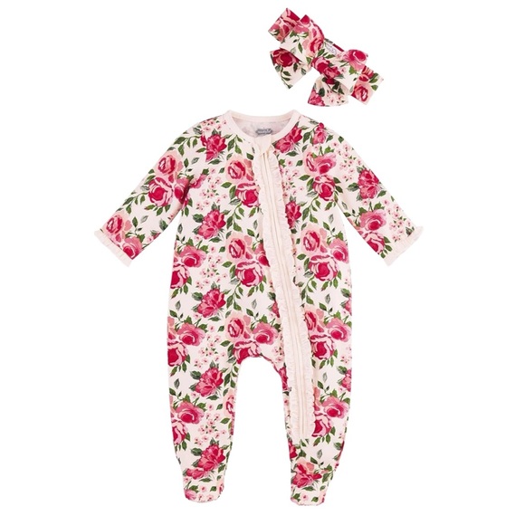 Mud Pie Pink Floral Footies with Matching Headband & Ruffle Zipper New with Tag - Picture 1 of 3